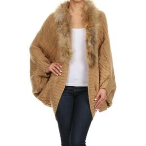 Freeway Size L Cardigan Sweater Cocoon Cable Knit‎ Open Fur Trim Dolman Sleeve